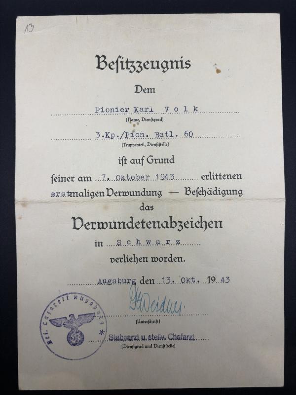 German Army Soldbuch Gefreiter Karl Volk Pz.Pi.Btl.60/ Pz.Bruckenkolonne 894 Salerno & Ardennes