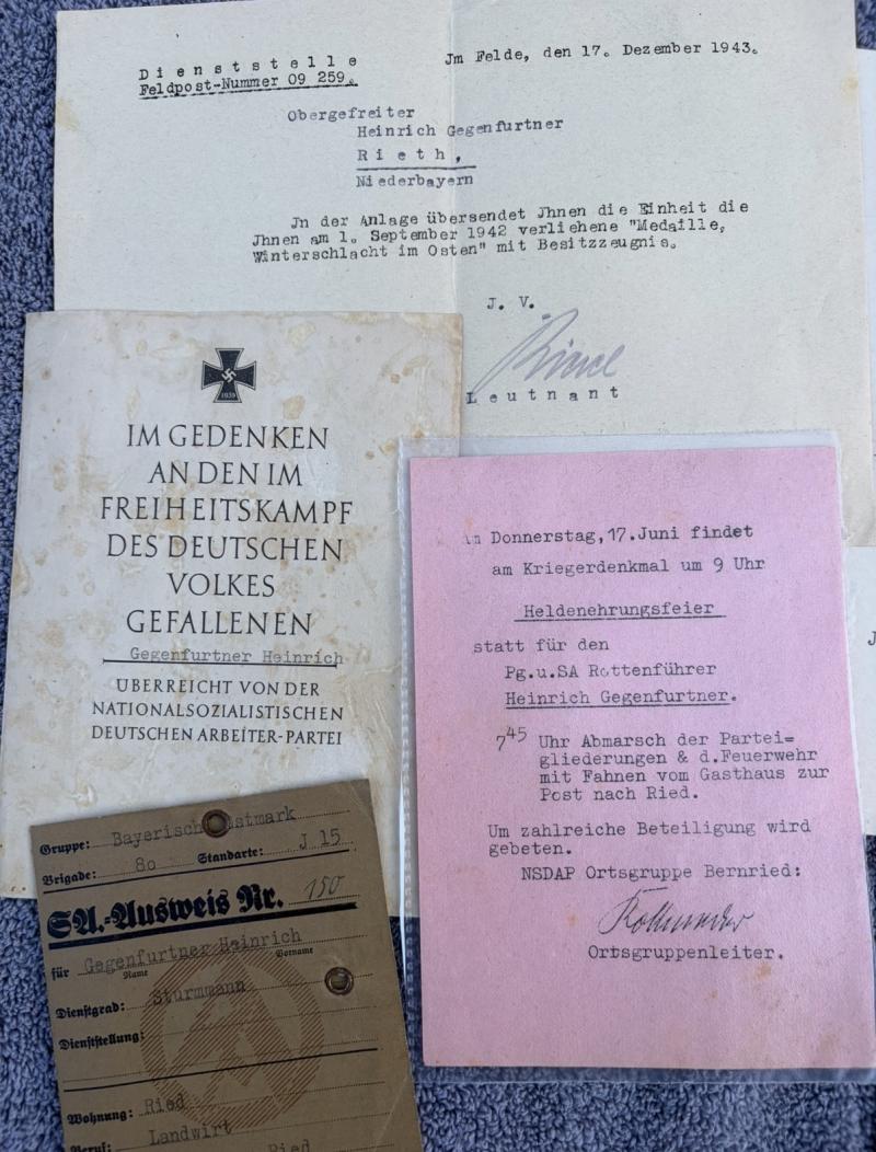 Large Grouping Two Brothers NSDAP Member & Monte Cassino Interest Both KIA Heinrich & Max Gegenfurtner