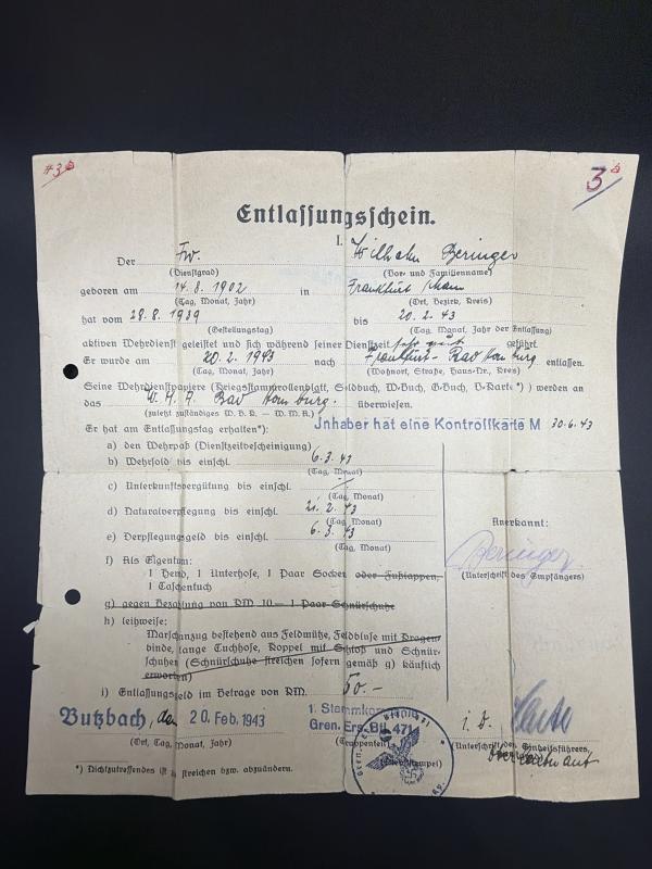 German Army Wehrpass Feldwebel Wilhelm Beringer Infantry Regiment 471 (251 Infantry Division)