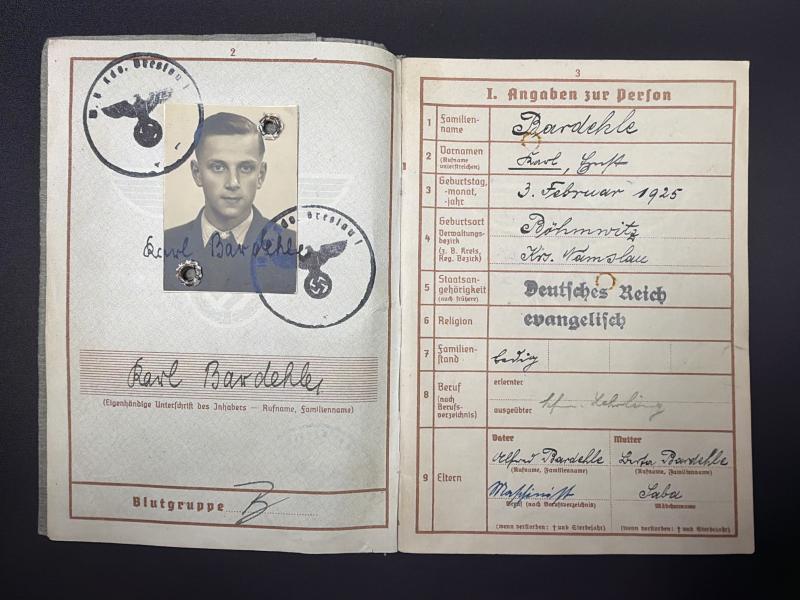 German Army KIA Wehrpass Unteroffizier Karl Bardehle NCO Training School 360 ID