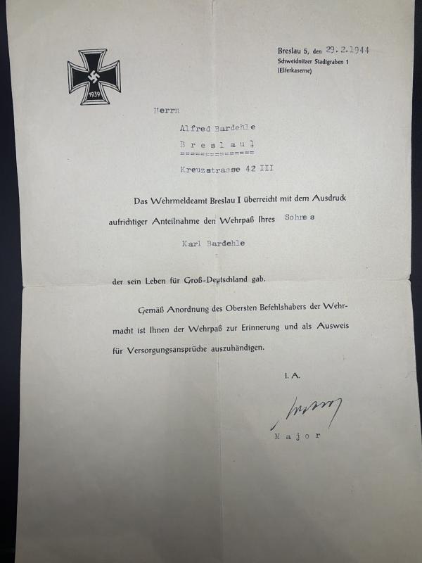 German Army KIA Wehrpass Unteroffizier Karl Bardehle NCO Training School 360 ID