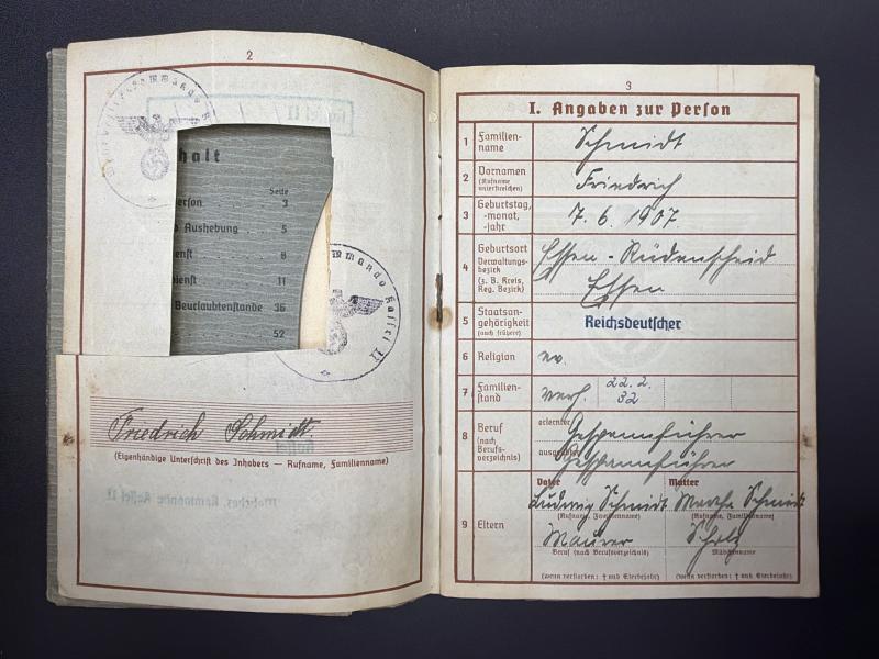 German Army Wehrpass Unteroffizier Friedrich Schmidt Stalag 319 Guard & 56 ID Killed In Action