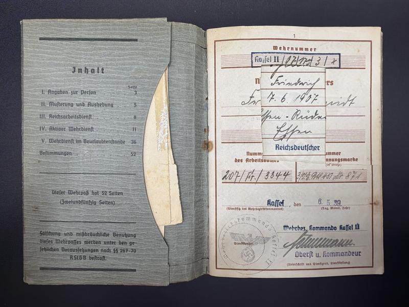 German Army Wehrpass Unteroffizier Friedrich Schmidt Stalag 319 Guard & 56 ID Killed In Action