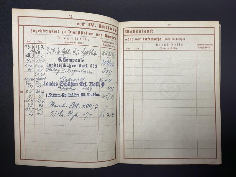 German Army Wehrpass Unteroffizier Friedrich Schmidt Stalag 319 Guard & 56 ID Killed In Action