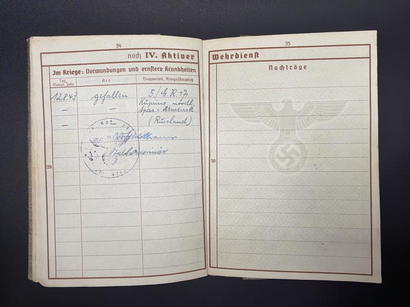 German Army Wehrpass Unteroffizier Friedrich Schmidt Stalag 319 Guard & 56 ID Killed In Action