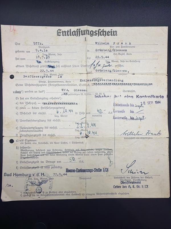 German Army Wehrpass Unteroffizier Wilhelm Frank Inf.Rgt.168 (82 Infantry Division) Battle of Kursk