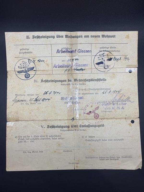 German Army Wehrpass Unteroffizier Wilhelm Frank Inf.Rgt.168 (82 Infantry Division) Battle of Kursk