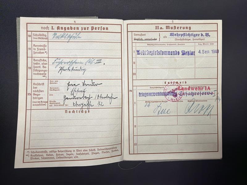 German Army Wehrpass Wilhelm Bender Infantry Trained Ambulance Driver