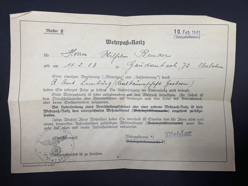 German Army Wehrpass Wilhelm Bender Infantry Trained Ambulance Driver