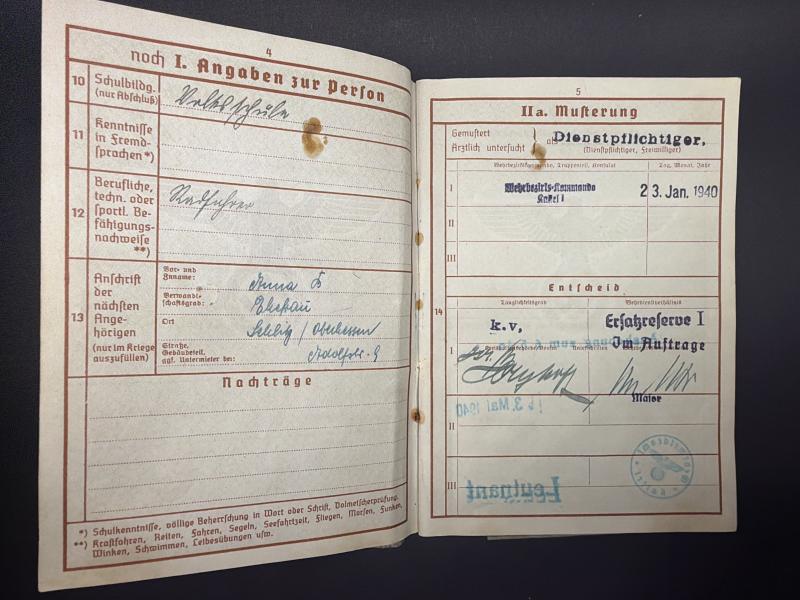 German Army Wehrpass Gefreiter Emil Bougard (106 Jager Division) Killed in Action May 1943