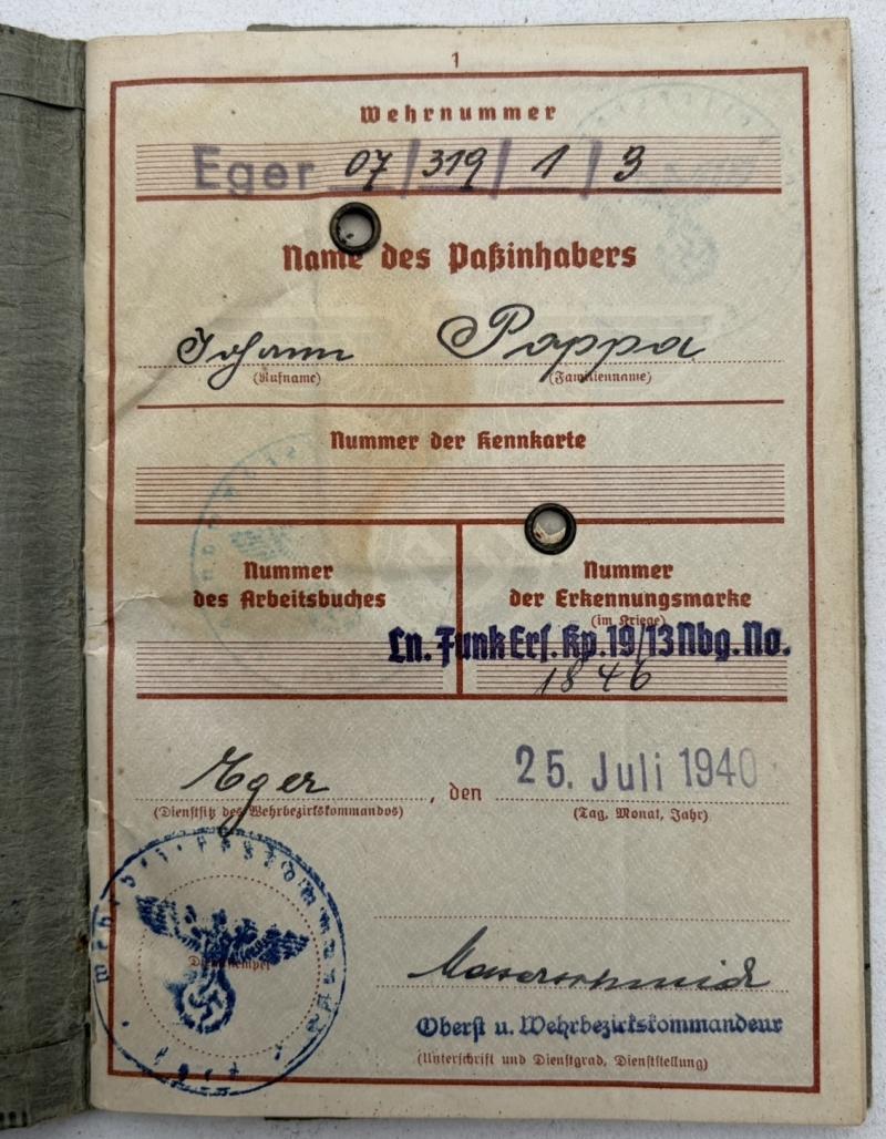 German Luftwaffe Wehrpass & Vehicle Documnets Unteroffizier Johann Poppov Battle of Britain & Italy Service