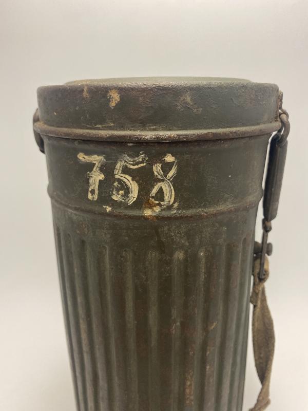 German GM30 Gas Mask Tin Ex-Südfront Paint Named Gren. Ludwig Neubauer