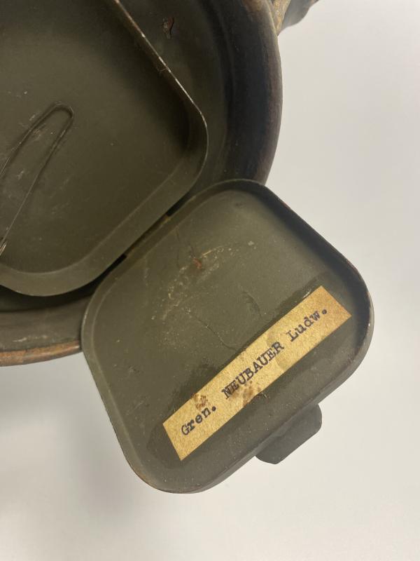 German GM30 Gas Mask Tin Ex-Südfront Paint Named Gren. Ludwig Neubauer
