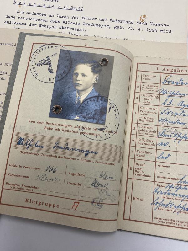 German Army KIA Polish Resistance 1944 Wehrpass Gren. Wilhelm Bredemeyer