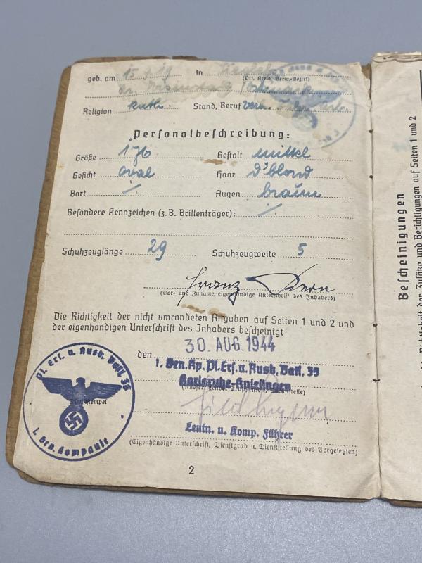 German Army Soldbuch Pioneer Unteroffizier Pi.Btl.215