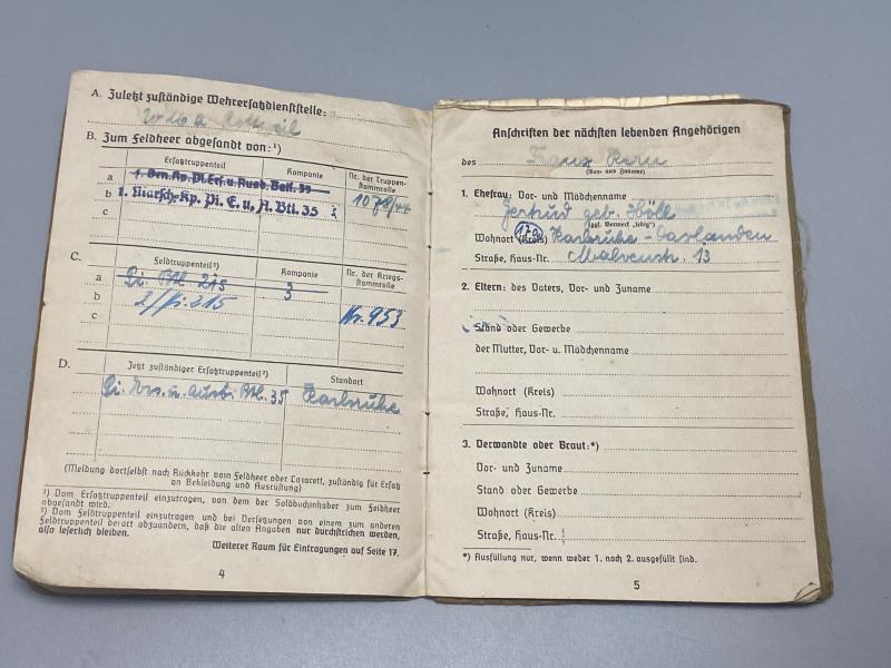 German Army Soldbuch Pioneer Unteroffizier Pi.Btl.215